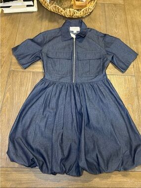 Anthropologie Dark Blue Denim Short-Sleeve Zip-Front Mini Dress